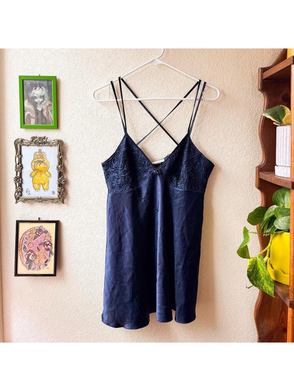 Vintage Women's Y2K Navy Sexy Lace Coquette Romantic Mini Slip Dress
